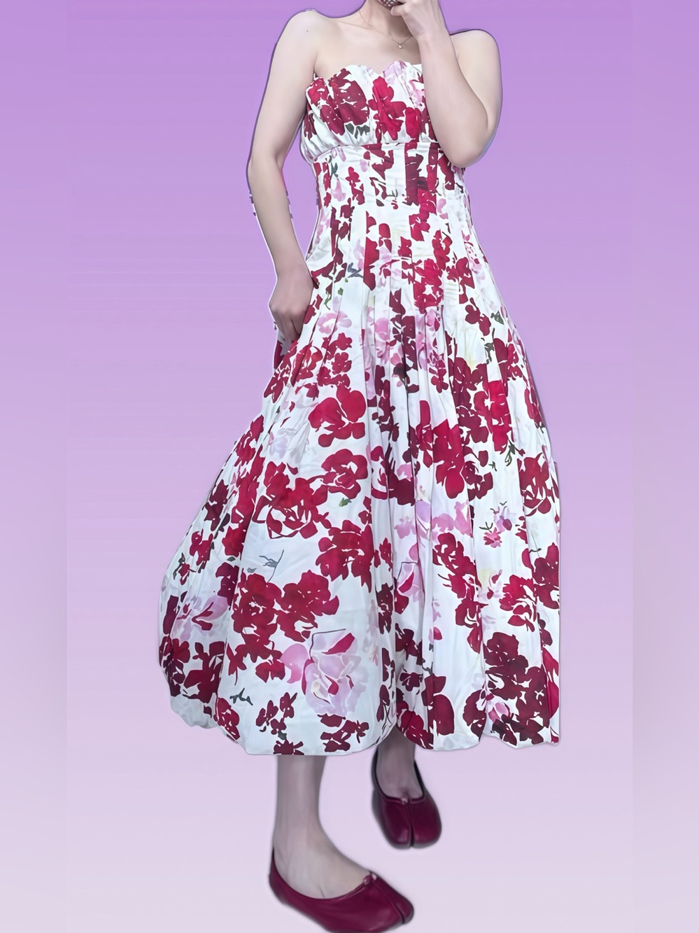 Aje Mathilda Pink FloralPrinted White Panel Bubble Hem Strapless Dress AU10/US6 - Picture 5 of 10